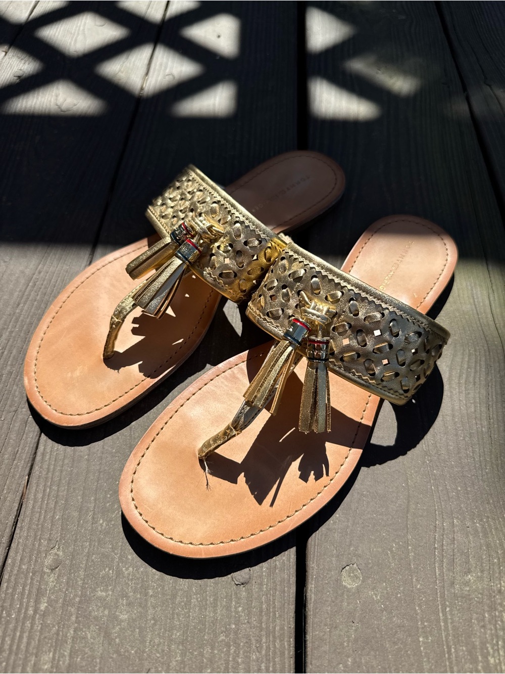 Tommy Hilfiger Gold Leather Tassel Thong Sandals